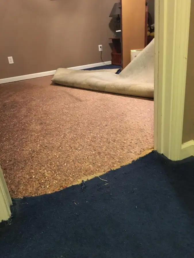 Carpet pad removal revealing water damage during Drying & Dehumidification in Travis Ranch